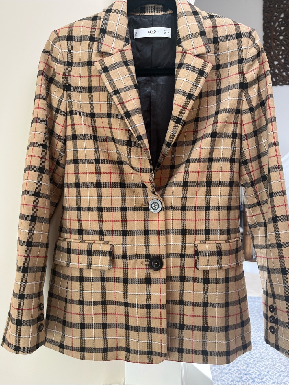 Mango MNG Plaid Blazer Women’s XXS Tan Black Red Preppy Academia